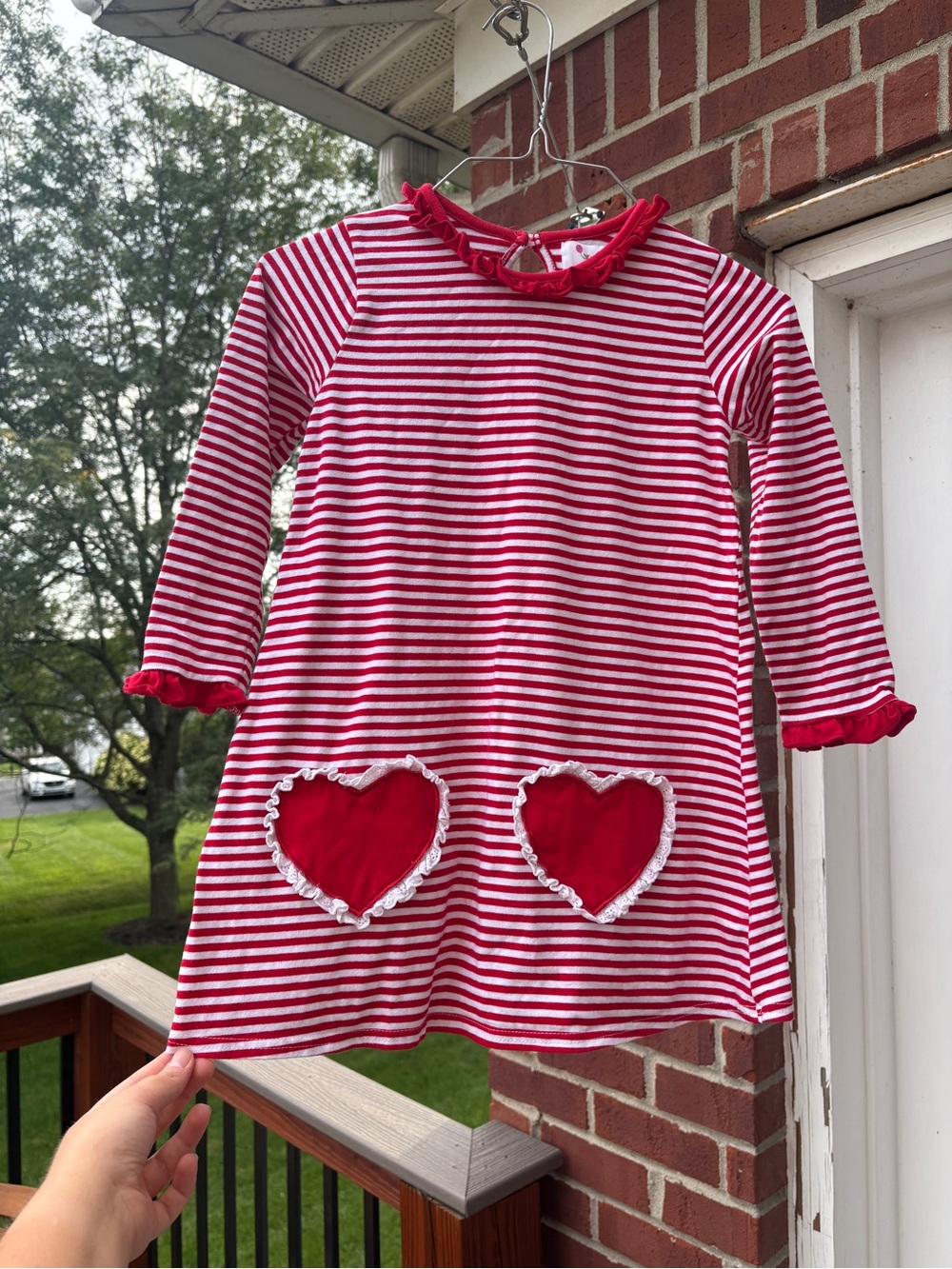 Girls Red & White Striped Heart Pocket Dress with Ruffle Trim